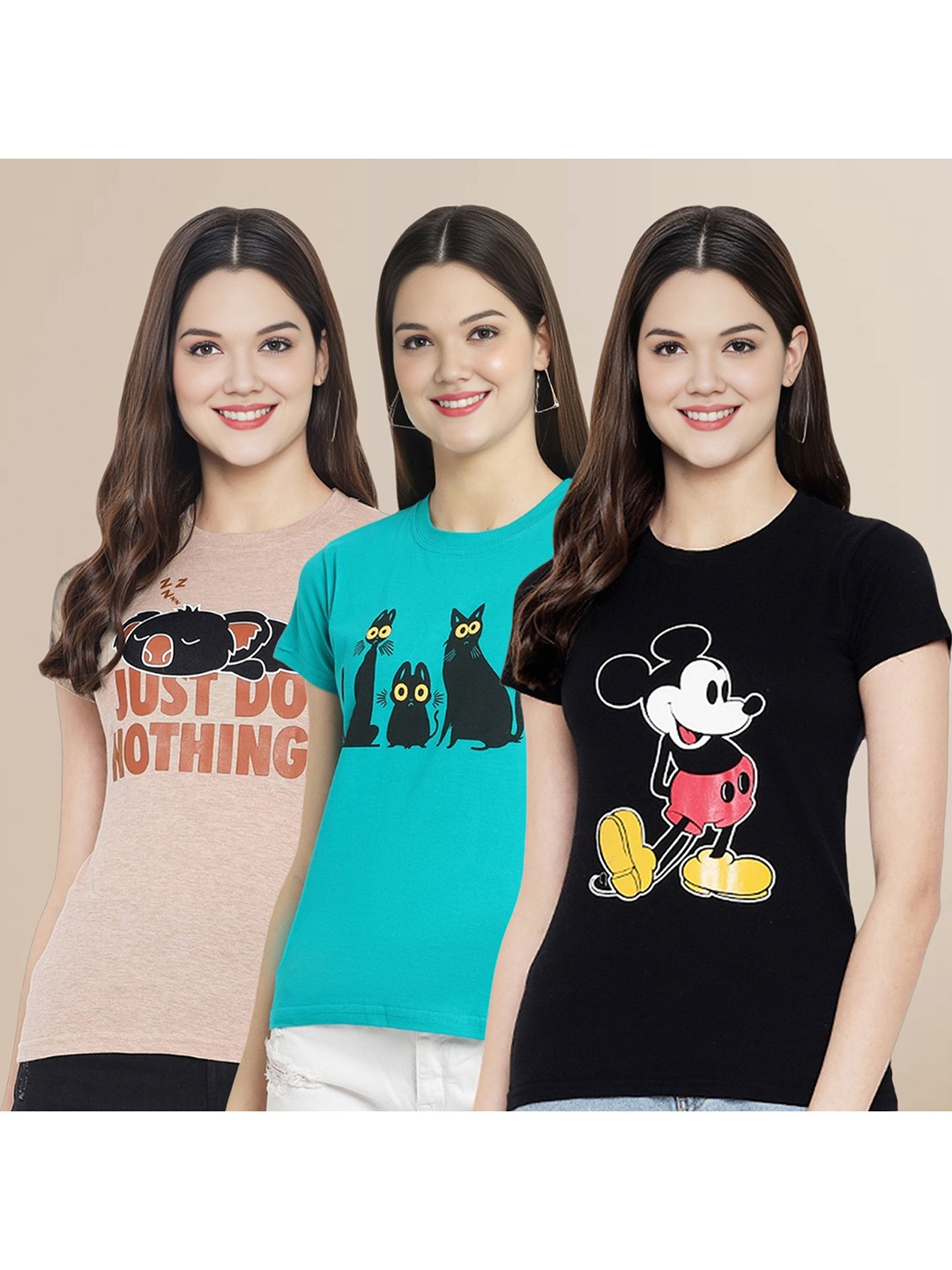 

Metronaut Women Pack Of 3 Typography Printed Round Neck Cotton Mickey Mouse T-shirts, Beige