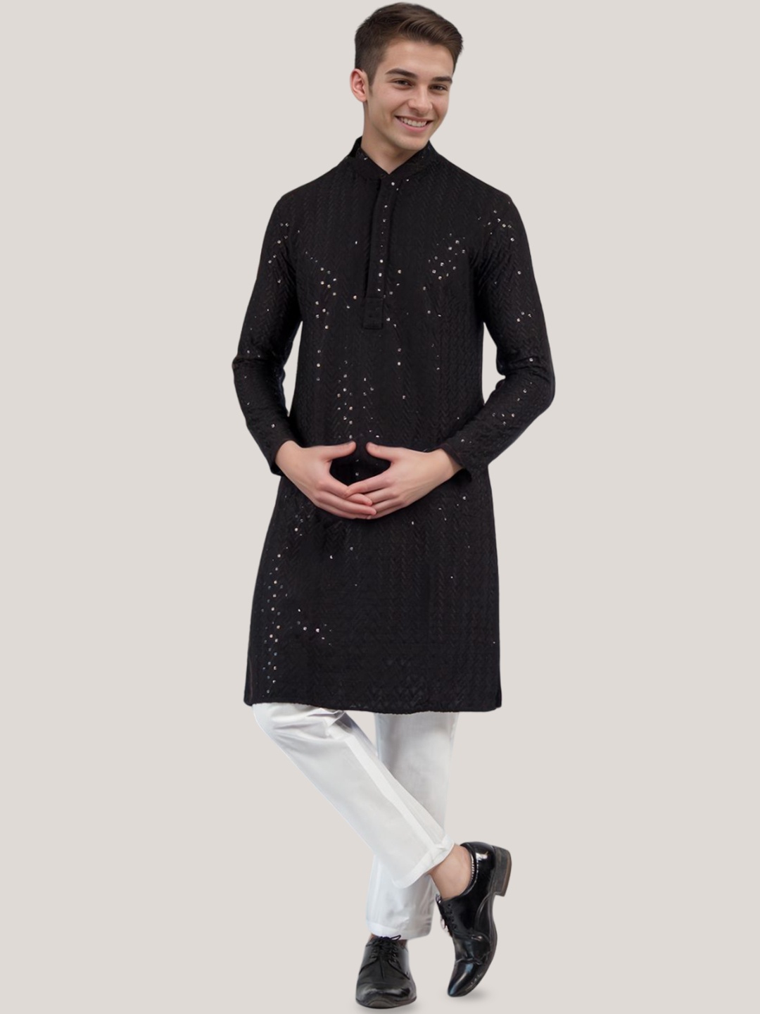 

DEVOILER Mandarin Collar Sequinned Chikankari Straight Kurta, Black