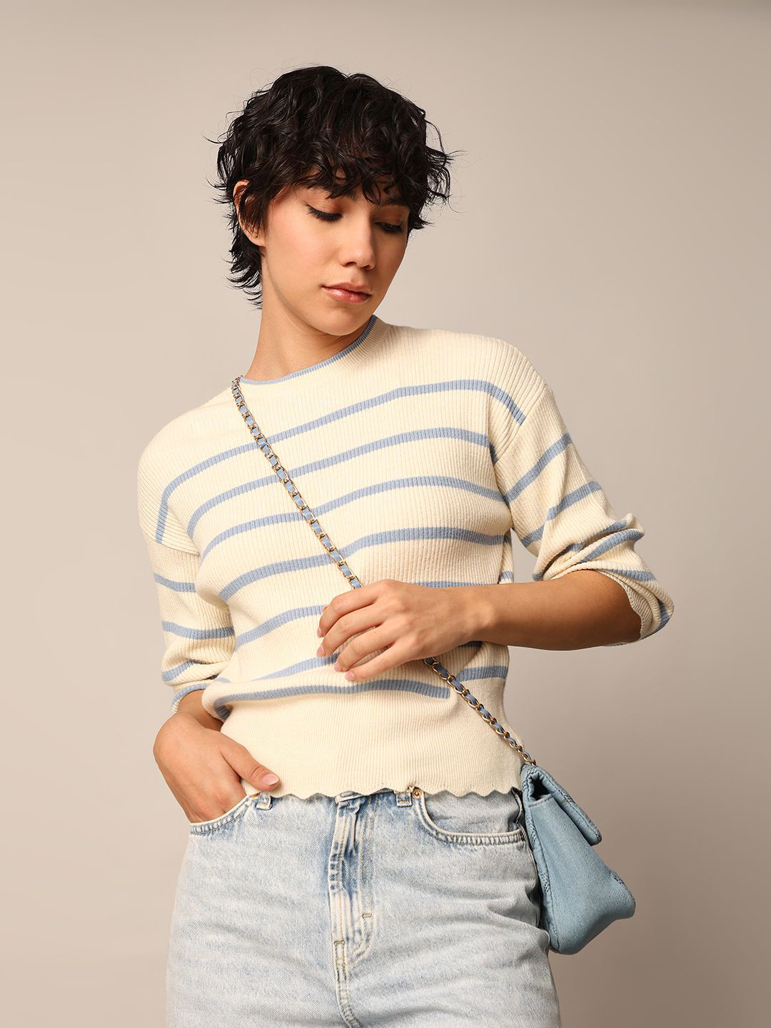 

ONLY Women Striped Cotton Pullover, Cream