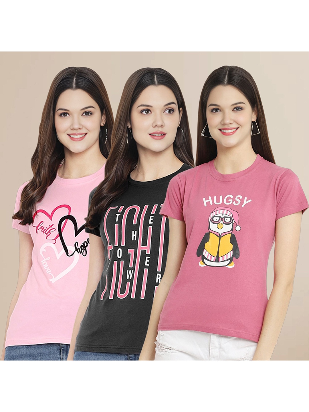 

Metronaut Women Pack Of 3 Typography Printed Round Neck Cotton T-shirts, Pink