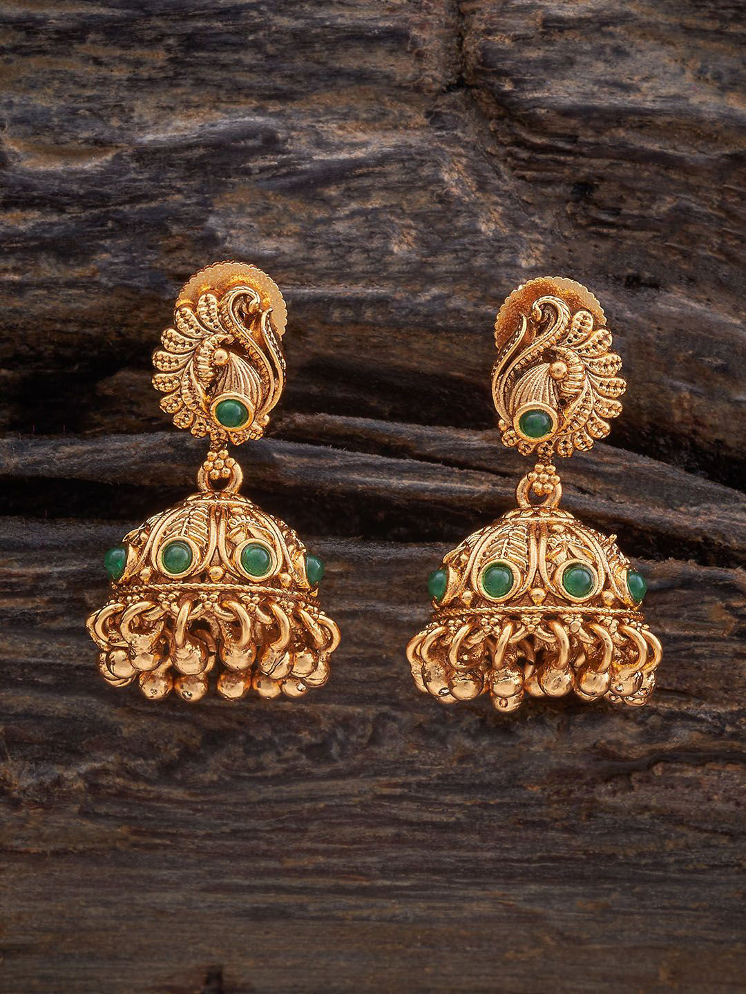 

Kushal's Fashion Jewellery Gold-Plated Dome Shaped Stone Studded Antique Jhumkas
