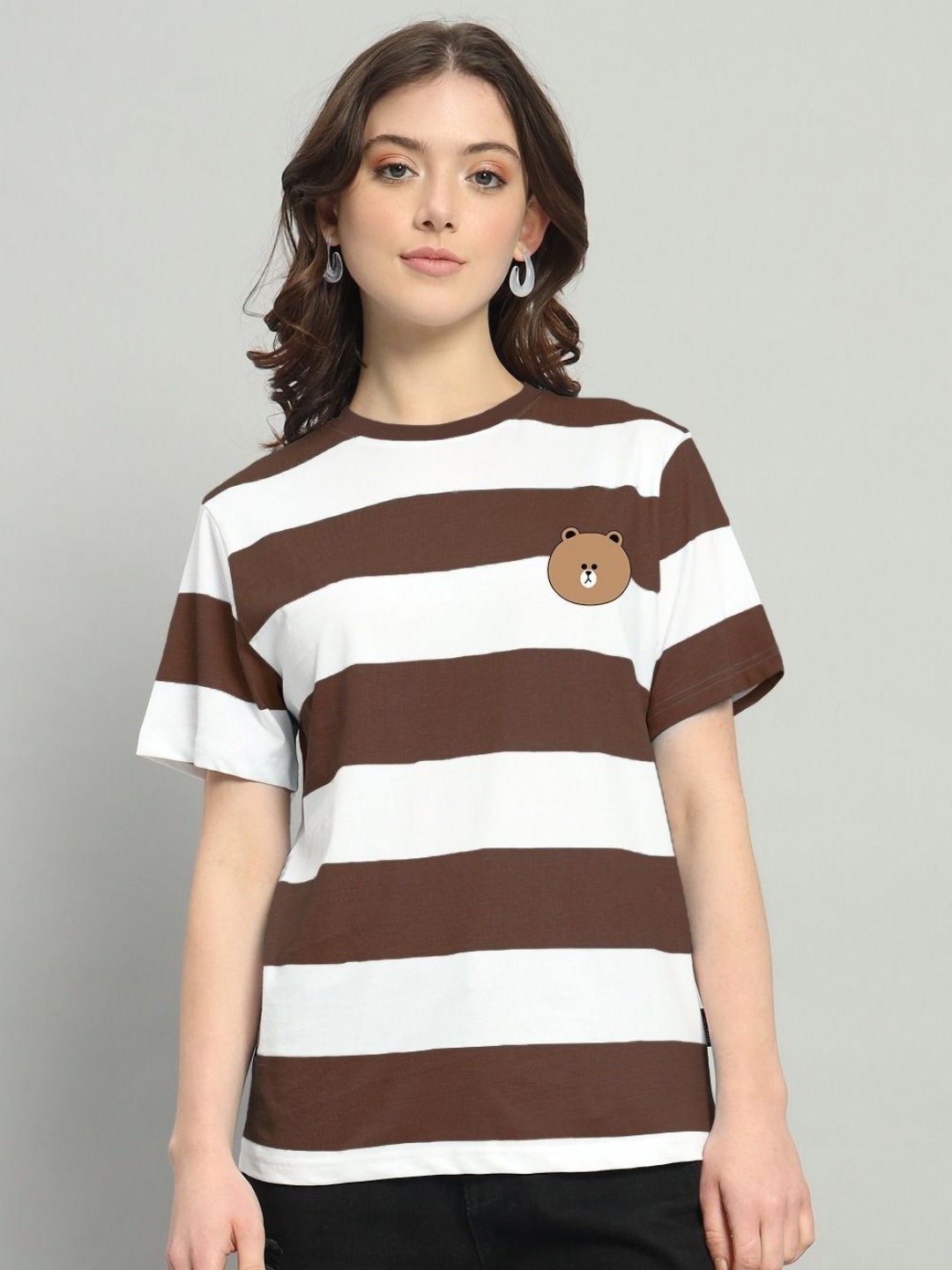 

The Dry State Women Striped Round Neck Cotton Oversized T-shirt, Brown