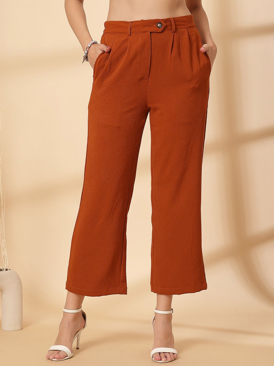 

plusS Women Regular Fit Pleated Trousers, Rust