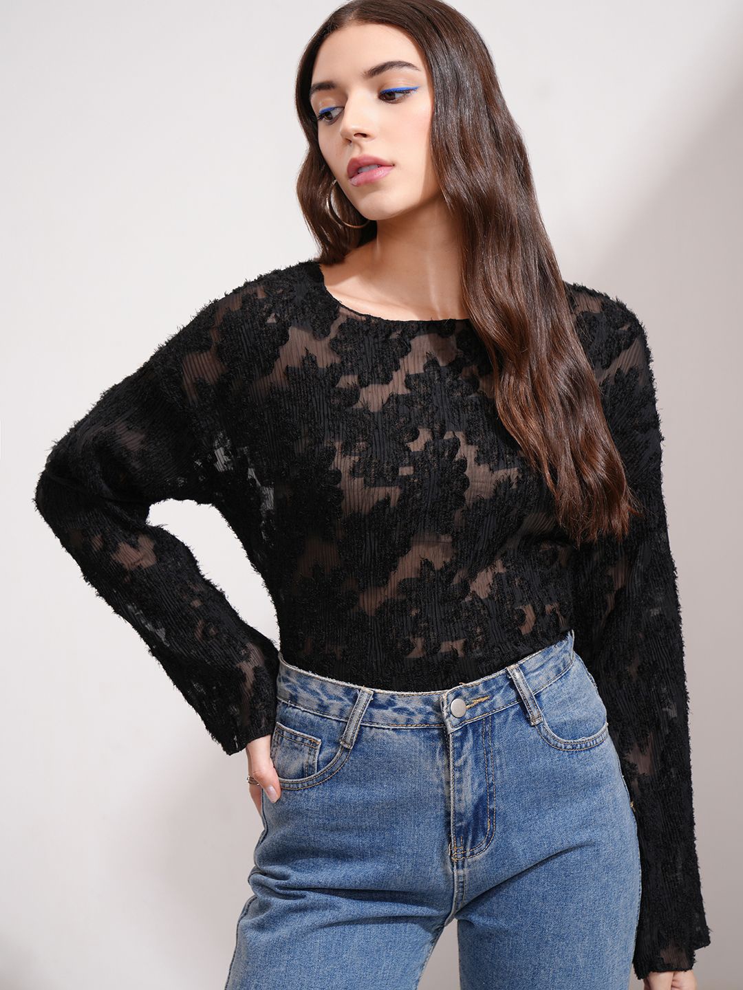 

ESPYR By Tokyo Talkies Women Self Design Boat Neck Long Sleeve Top, Black