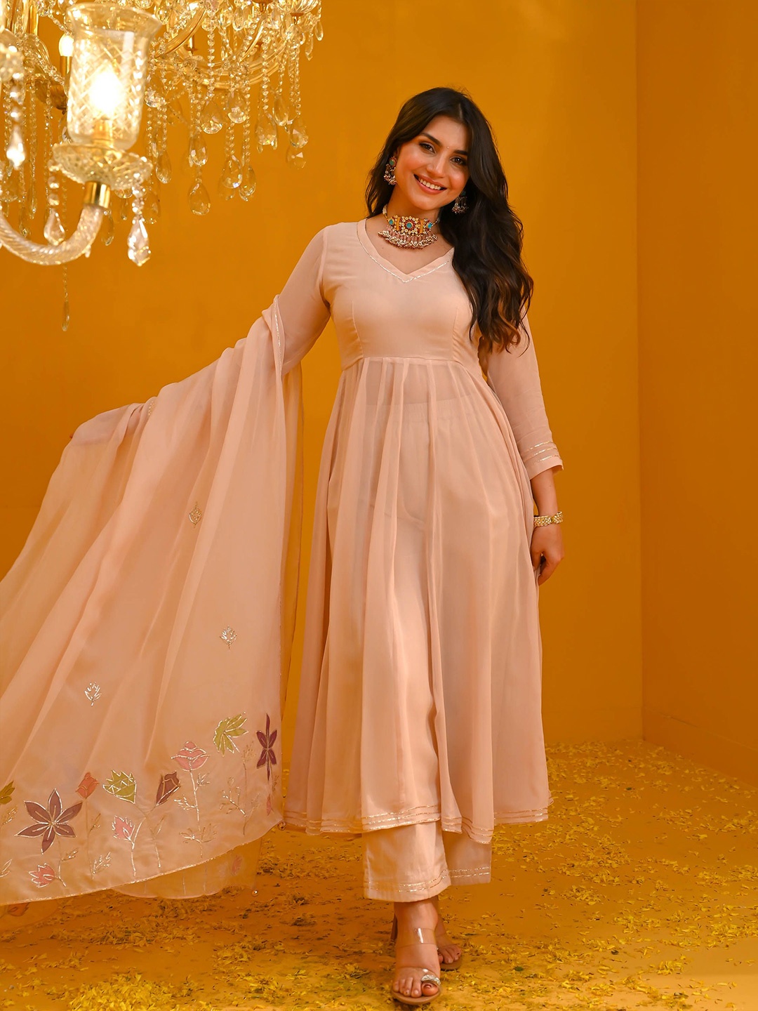 

Bunaai Gotta Patti Georgette Empire Anarkali Kurta With Trouser & Dupatta, Pink