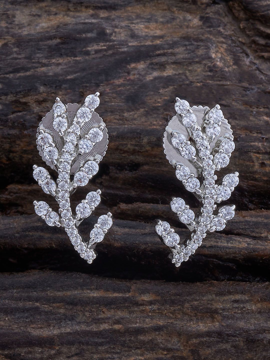 

Kushal's Fashion Jewellery Rhodium-Plated Cubic Zirconia Leaf Shaped Studs, Silver