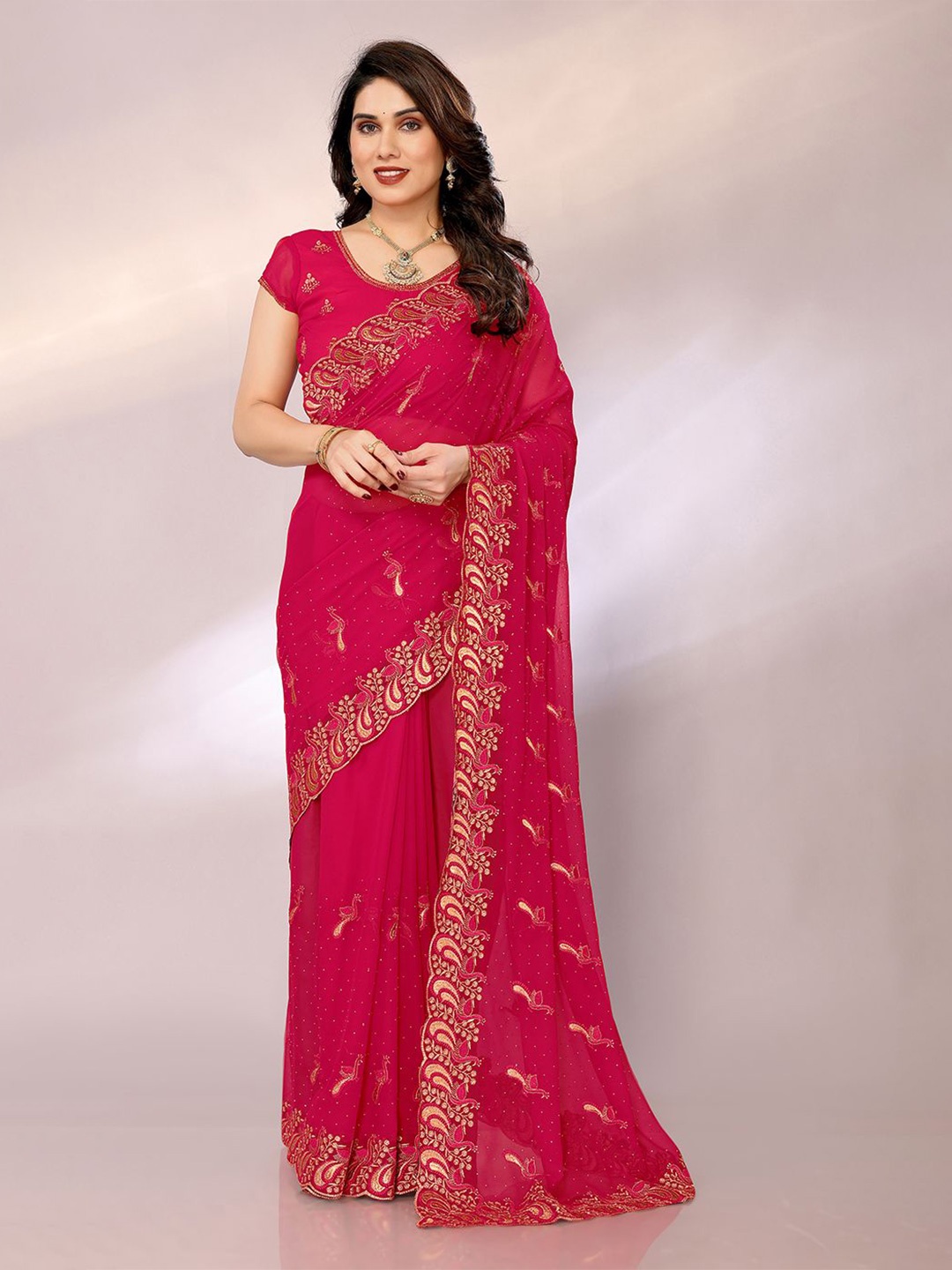 

FABMORA Embellished Embroidered Designer Saree, Pink