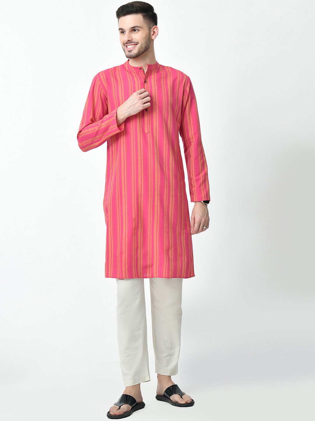 

AMBI Striped Band Collar Long Sleeves Regular Straight Kurta, Pink