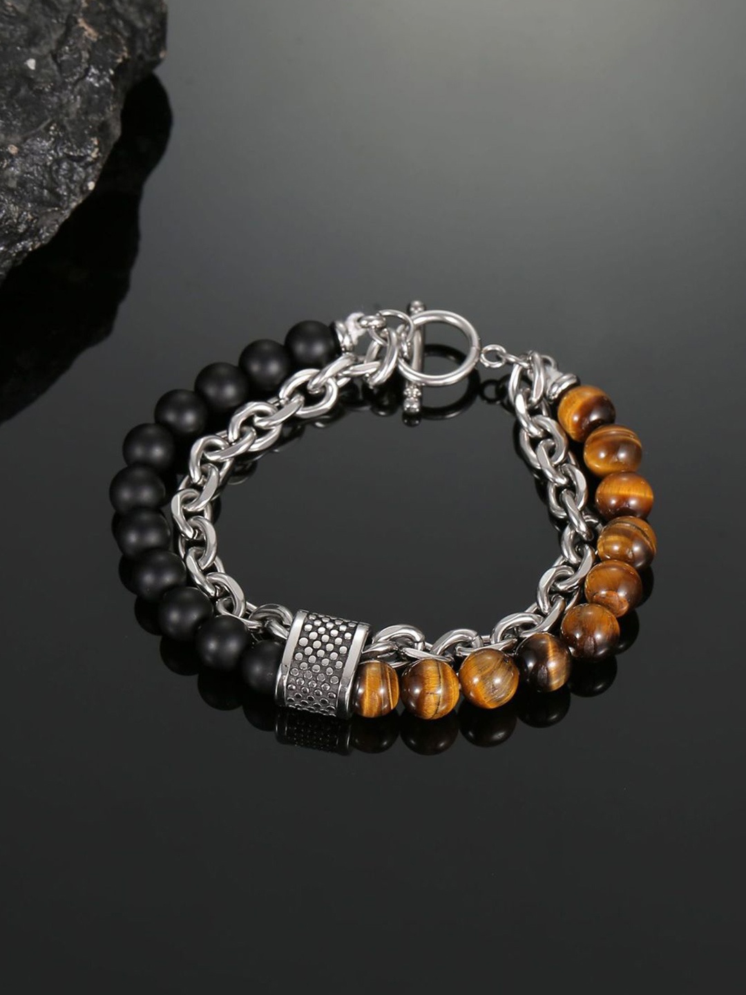 

Jewels Galaxy Men Silver-Plated Beaded Elasticated Bracelet