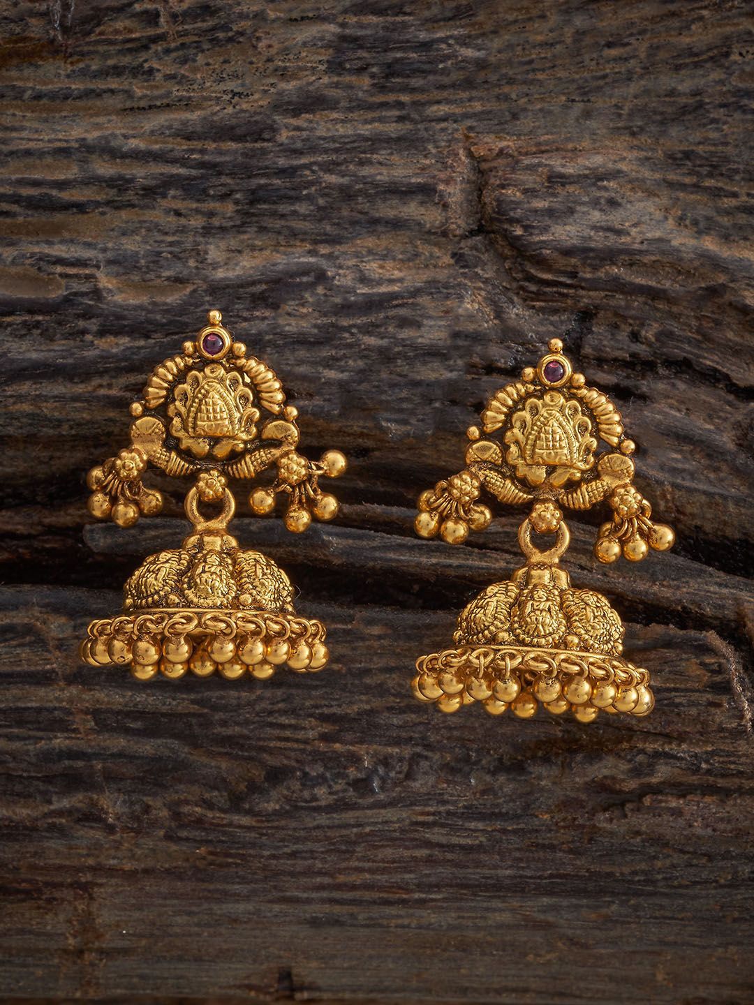 

Kushal's Fashion Jewellery Gold-Plated Dome Shaped Artificial Stones Stud Jhumkas Earrings, Red