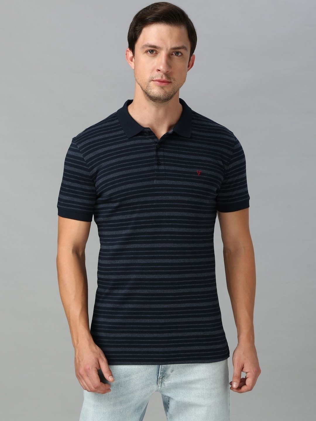 

Van Heusen Men Striped Polo Collar Pure Cotton T-shirt, Navy blue