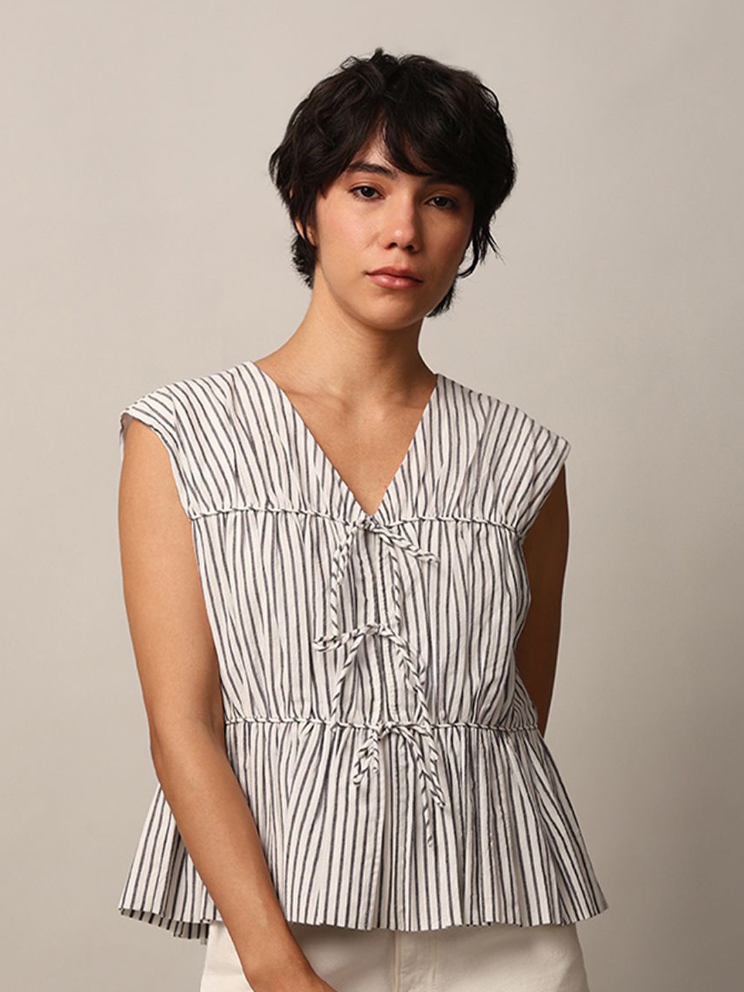 

ONLY Striped Cotton Blouson Top, White