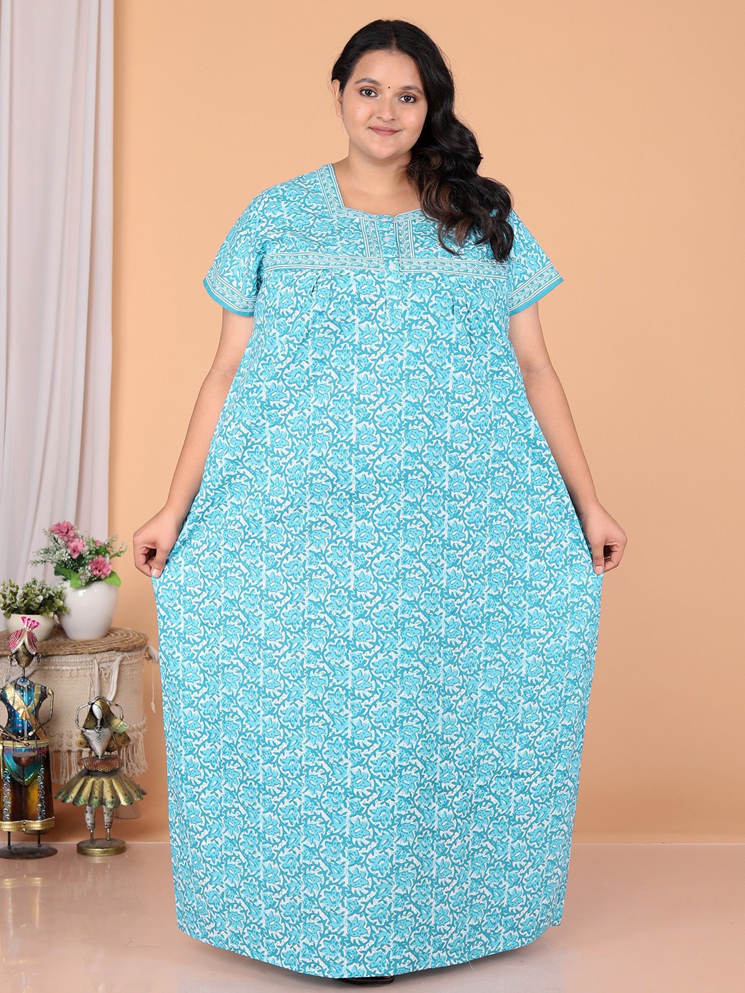 

SP DESIGNS Women Pure Cotton Printed Square Neck Short Sleeves Maxi Nightdress, Turquoise blue
