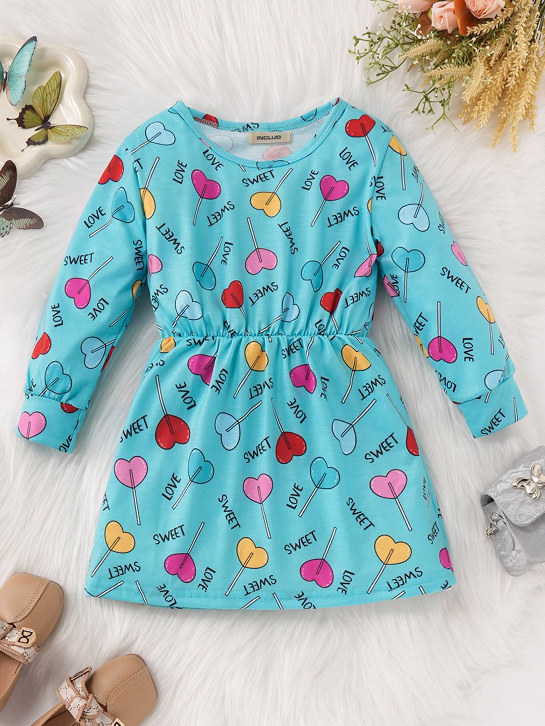 

INCLUD Conversational Print Round Neck Cuffed Sleeves Fit & Flare Dress, Blue