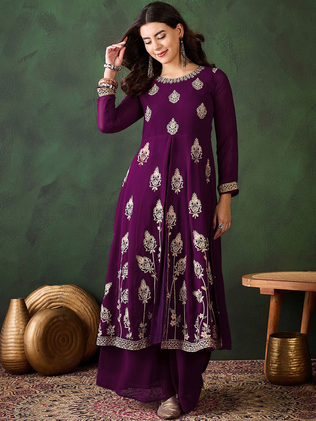 

Sangria Magenta and Gold Round Neck Floral Embroidered A-Line Kurta & Palazzo