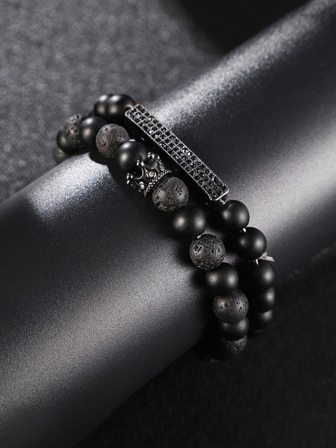 

Jewels Galaxy Men Set Of 2 Silver-Plated Beaded Elasticated Bracelets, Black