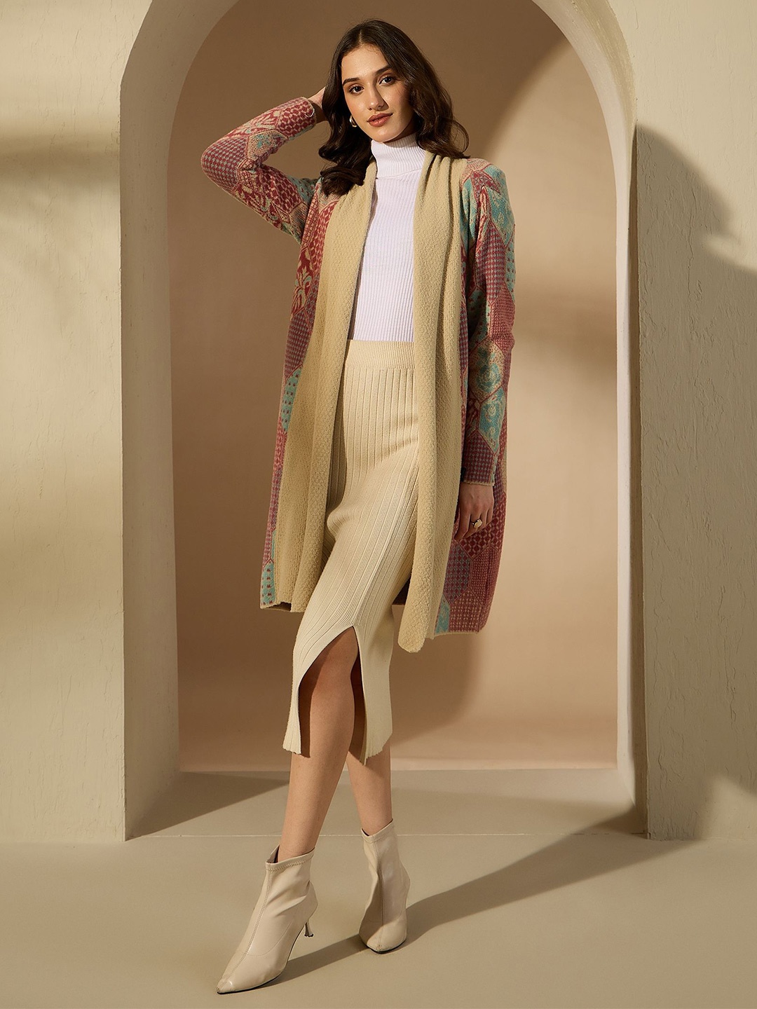 

CREATIVE LINE Geometric Self Design Shawl Collar Longline Woollen Open Front Shrug, Beige