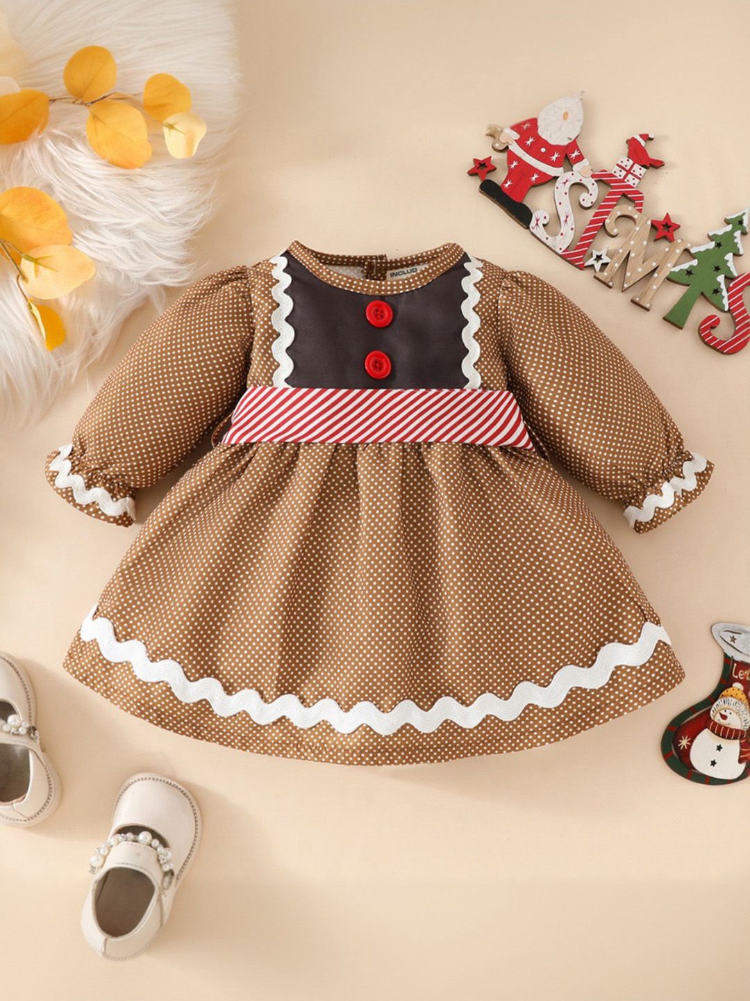 

INCLUD Girls Polka Dot Printed Puff Sleeve Fit & Flare Dress, Brown