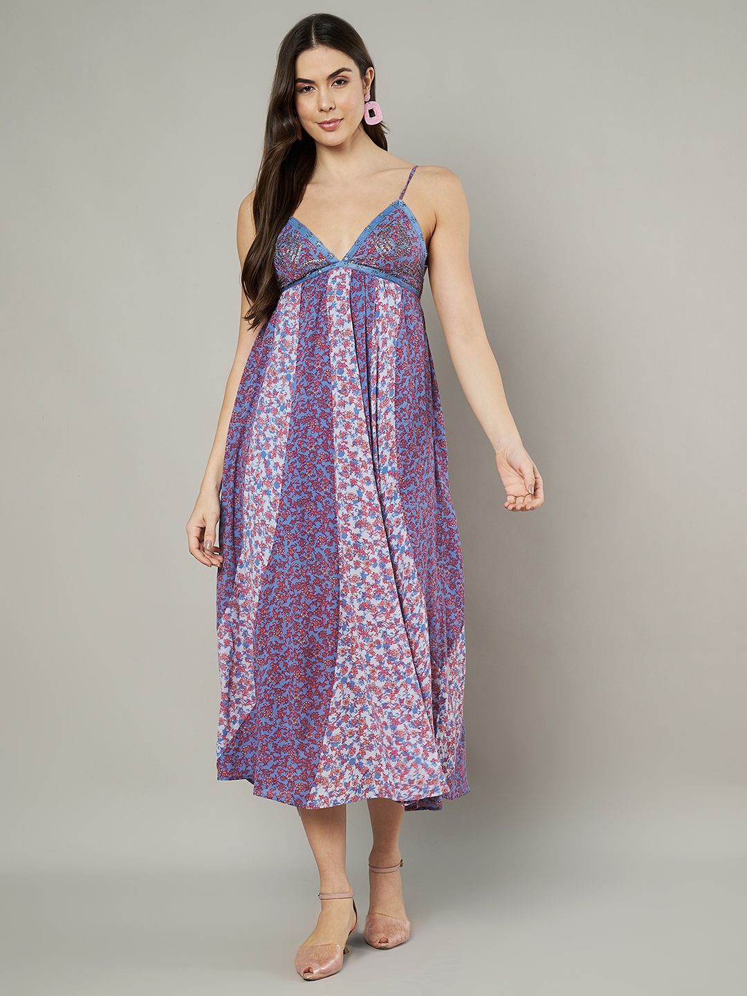 

Amagyaa Women Floral Printed Cotton Shoulder Straps Empire Maxi Dress, Violet
