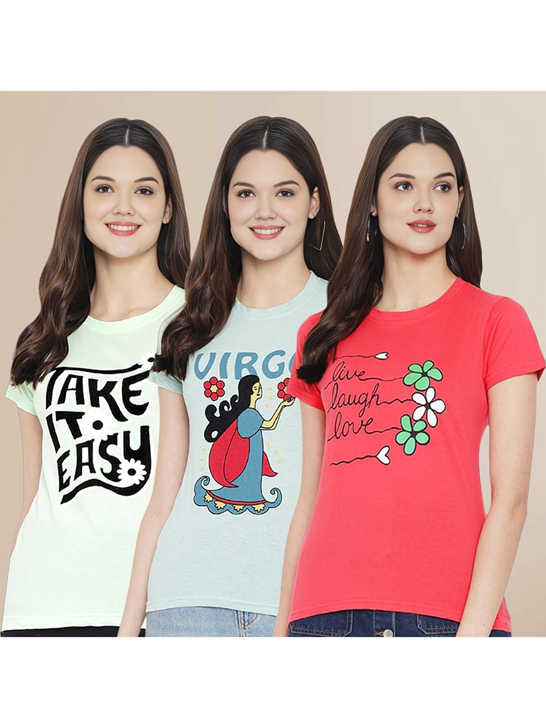 

Metronaut Women Pack Of 3 Typography Printed Round Neck Cotton T-shirts, Coral
