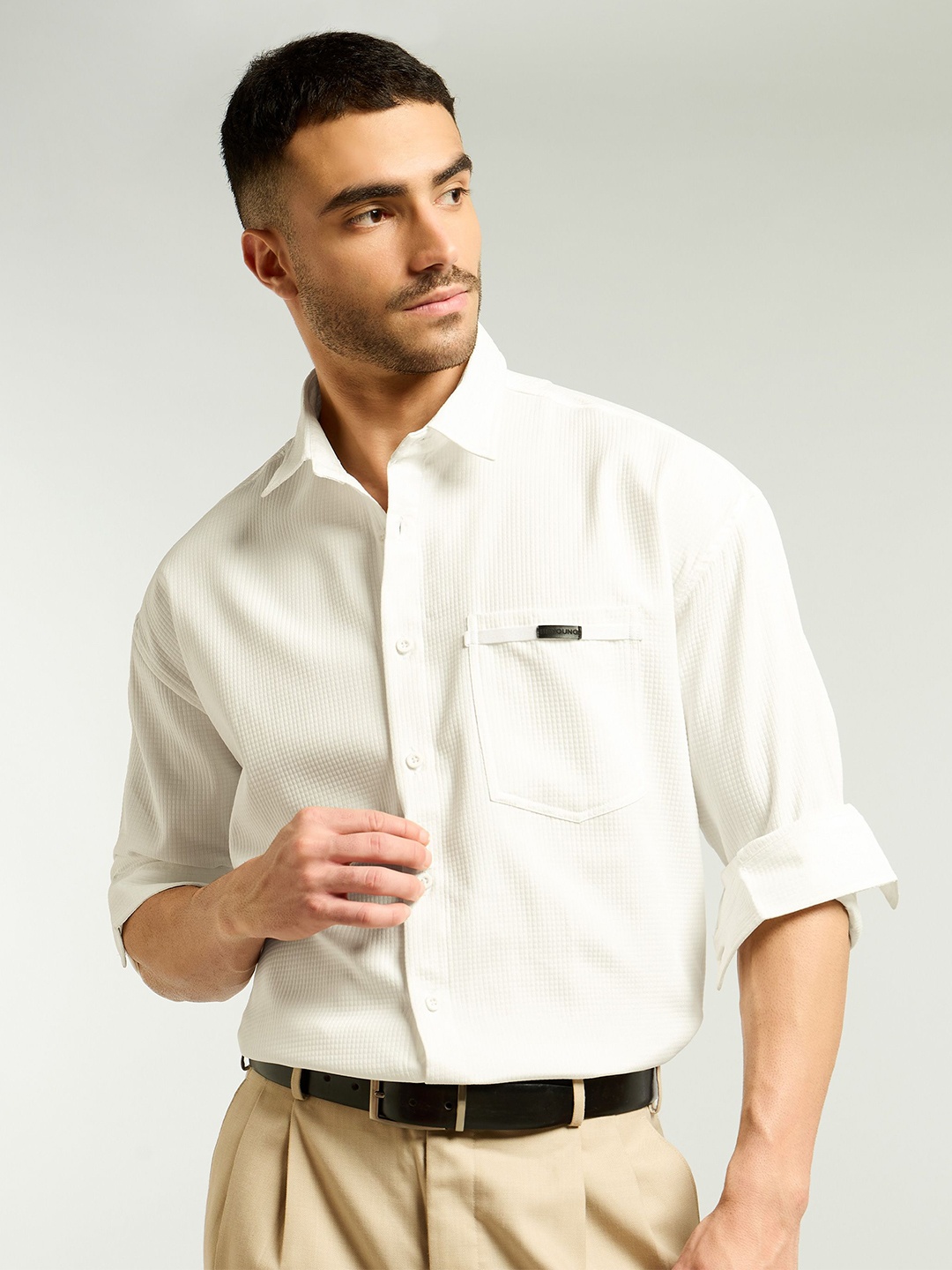 

Beyoung Men Club Collar Solid Cotton Casual Shirt, Cream