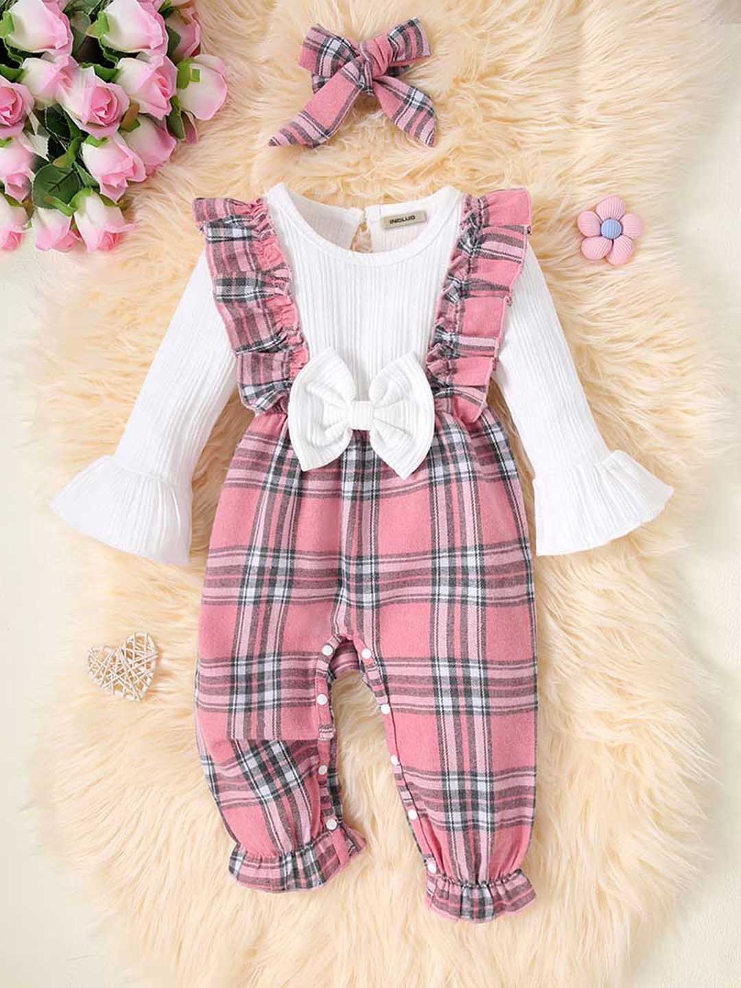 

INCLUD Girls Checked Rompers, White