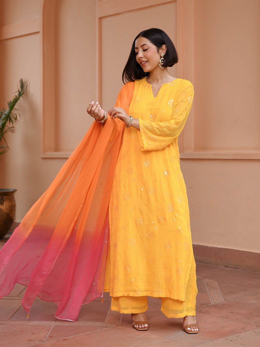

Bunaai Floral Embroidered Mandarin Collar Sequinned A-Line Kurta With Trouser And Dupatta, Yellow