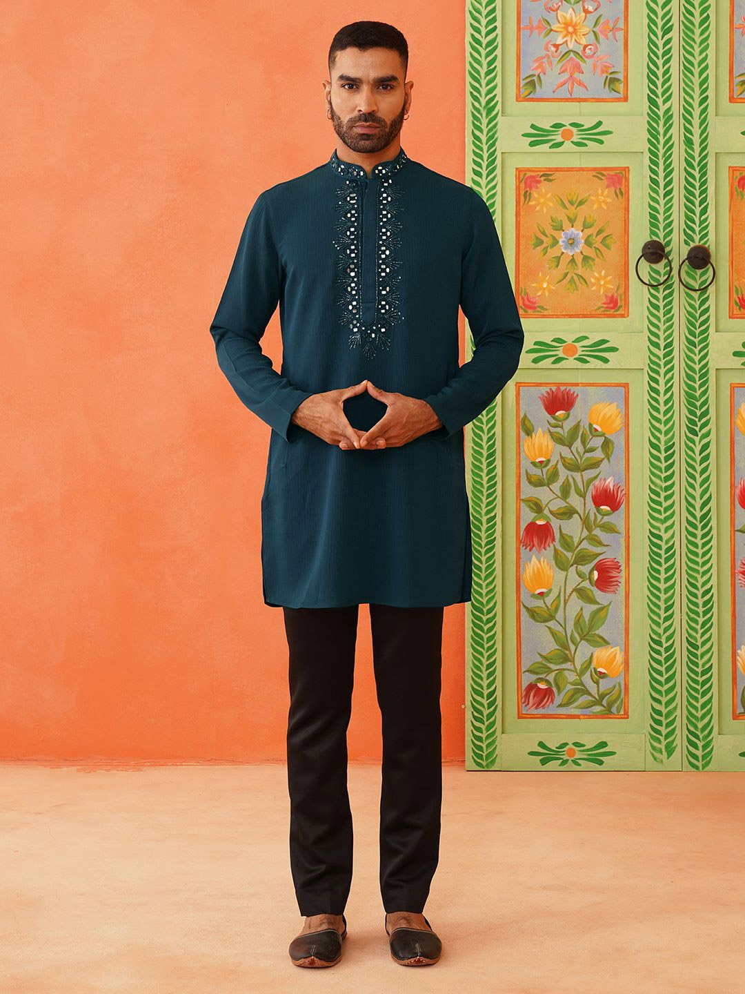 

TheEthnic.Co Men Mirror Work Sherwani Set, Blue