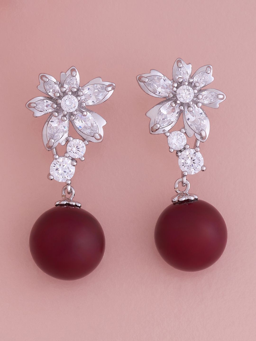 

Kushal's Fashion Jewellery Rhodium-Plated Cubic Zirconia Studded Floral Drop Earrings, Red