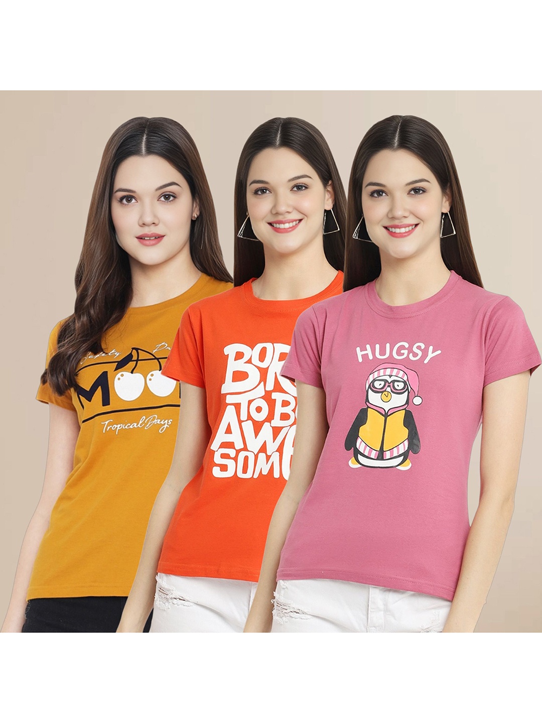 

Metronaut Women Pack Of 3 Typography Printed Round Neck Cotton T-shirts, Mustard