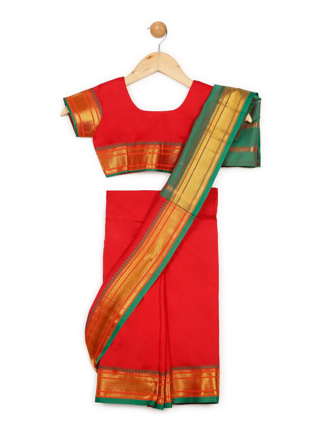 

LITTLE GINNIE Girls Kanjeevaram Embroidered Saree, Red