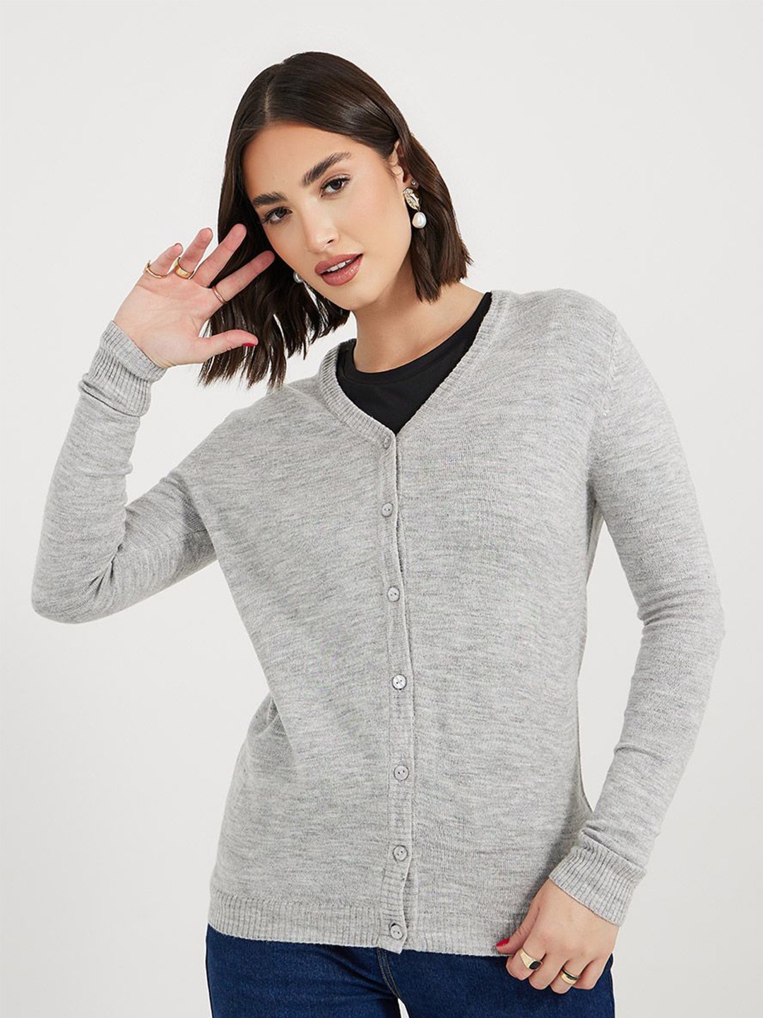 

Styli Women Regular Fit Button Down Cardigan, Grey