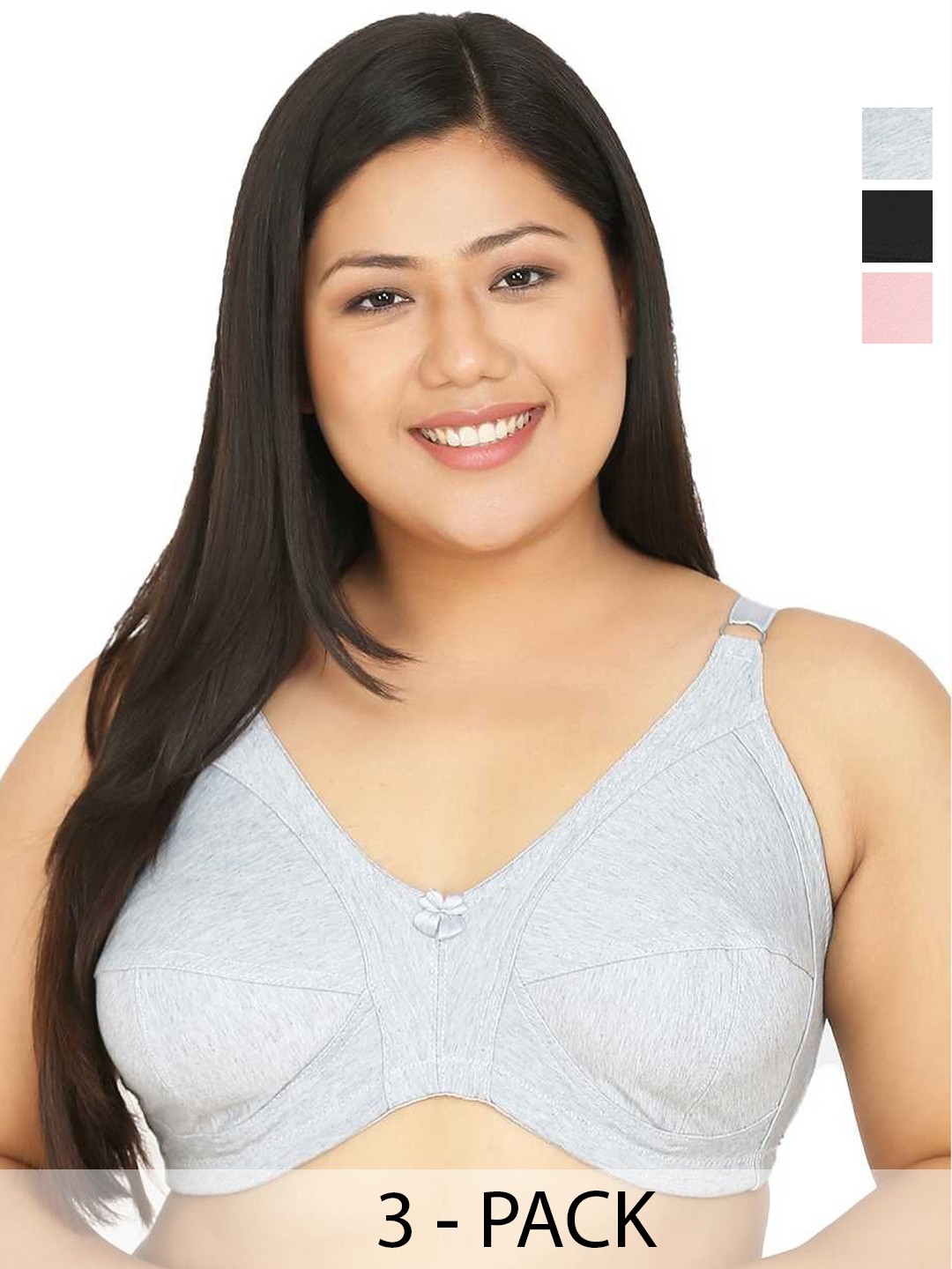

Da Intimo Pack Of 3 Plus Size Non Padded Full Coverage Cotton Everyday Bra, Black