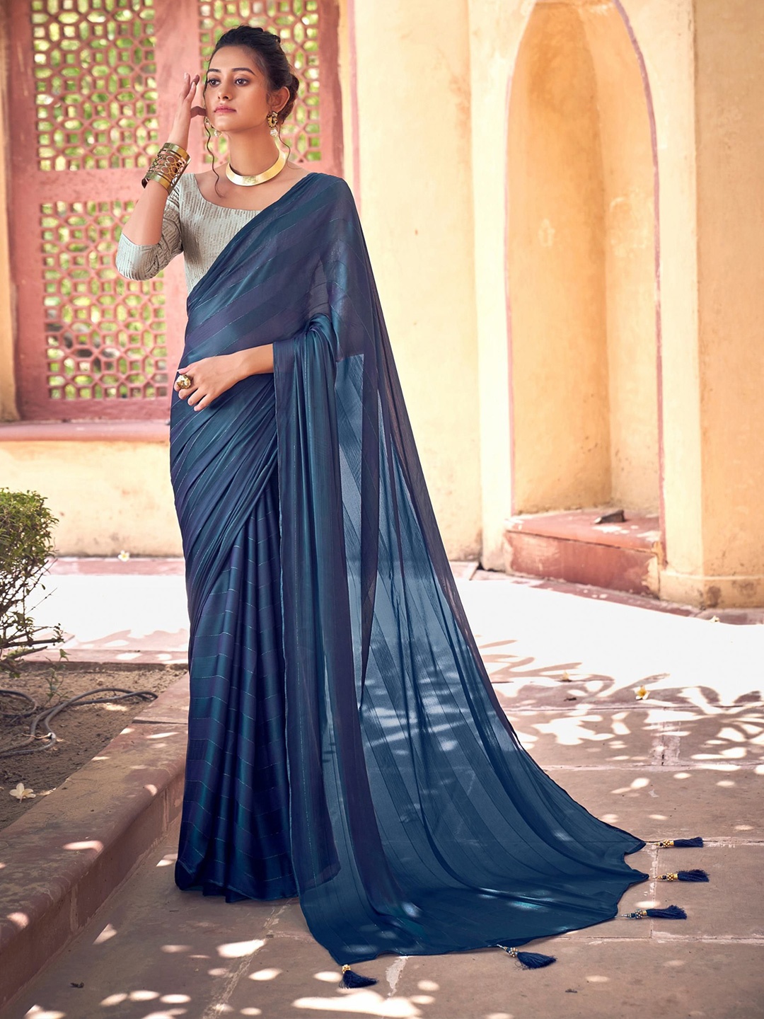 

MAHALASA Striped Saree, Teal