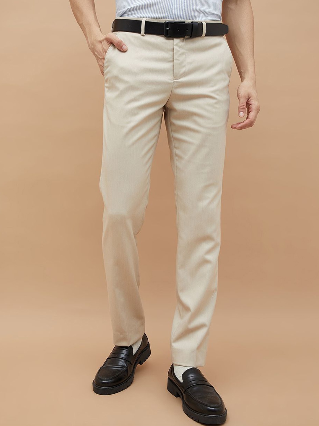 

CODE by Lifestyle Men Striped Tapered Fit Chinos Trousers, Beige