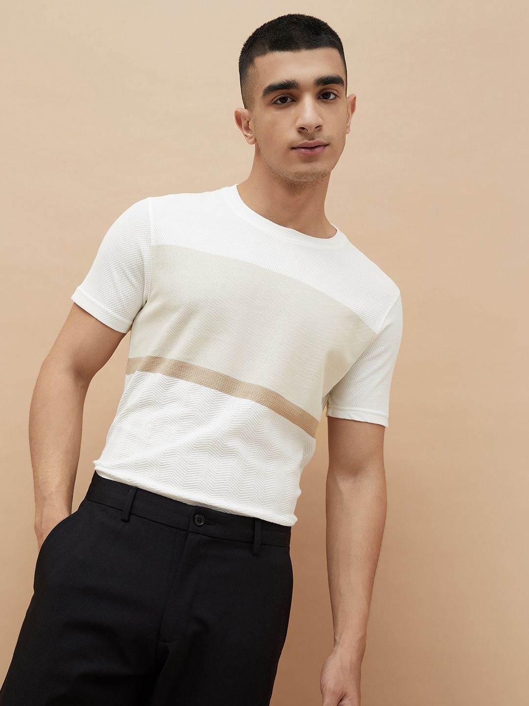 

Fame Forever by Lifestyle Men Striped Round Neck Cotton Slim Fit T-shirt, Off white