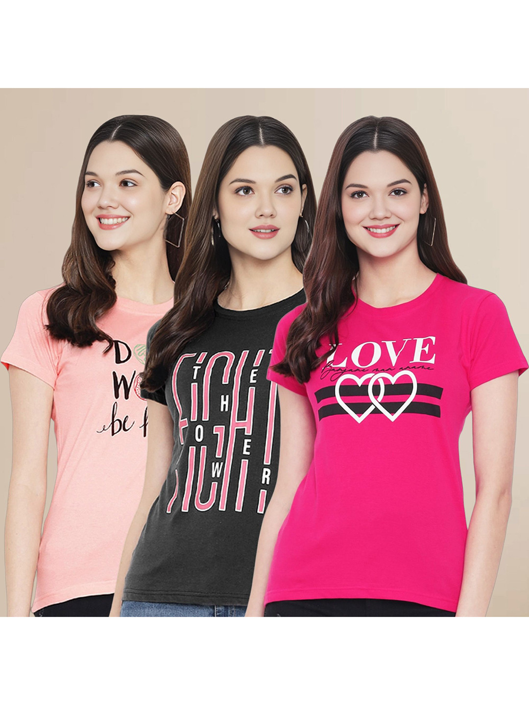 

Metronaut Women Pack Of 3 Typography Printed Round Neck Cotton T-shirts, Peach