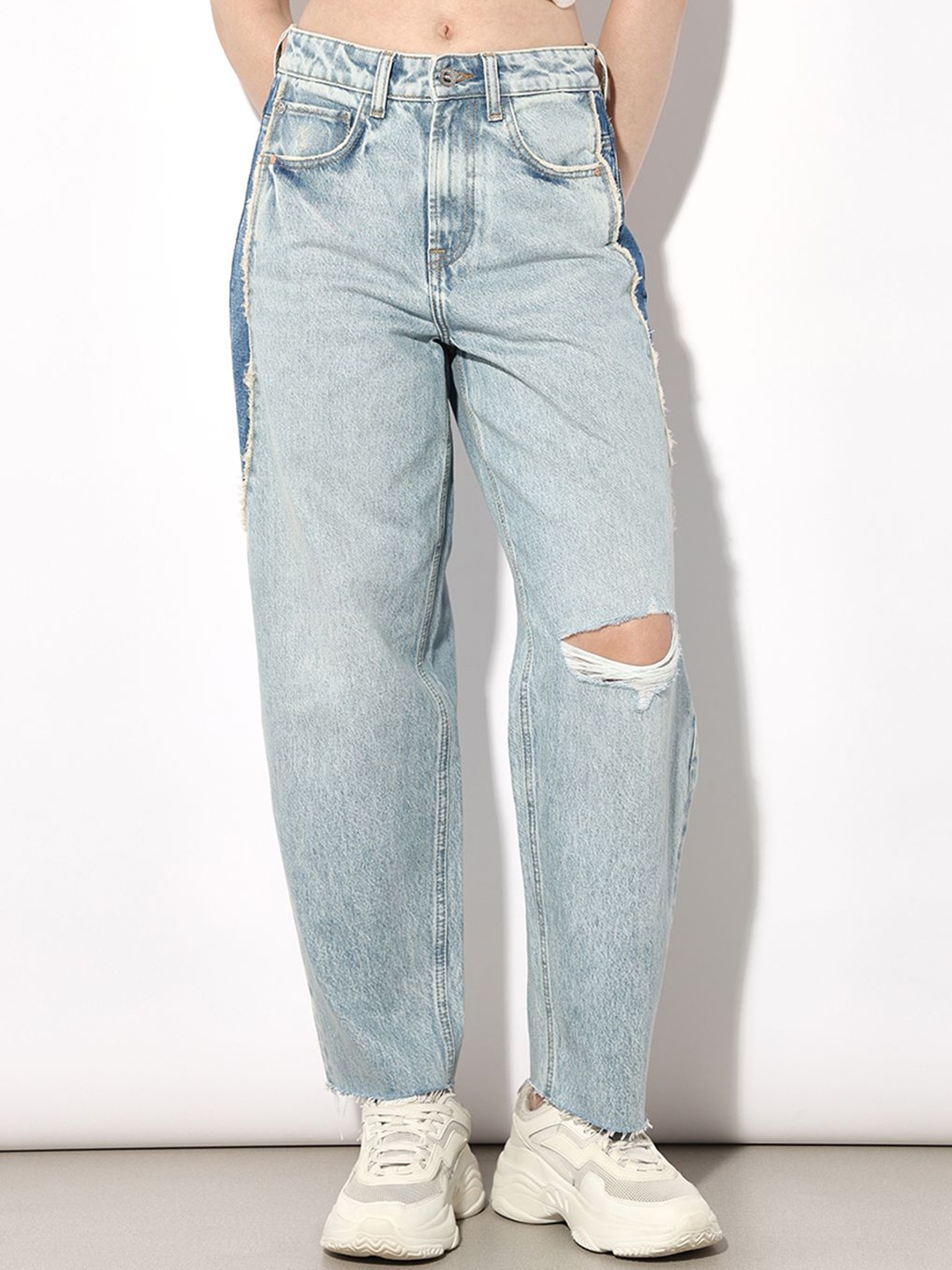 

ONLY Women High-Rise Slouchy Fit Mildly Distressed Heavy Fade Cotton Jeans, Blue
