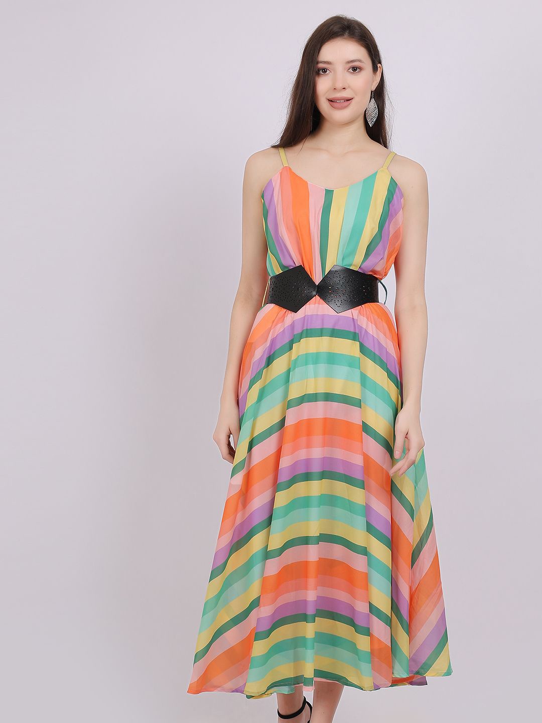 

Aumbe Women Striped Fit and Flare Maxi Dress, Orange