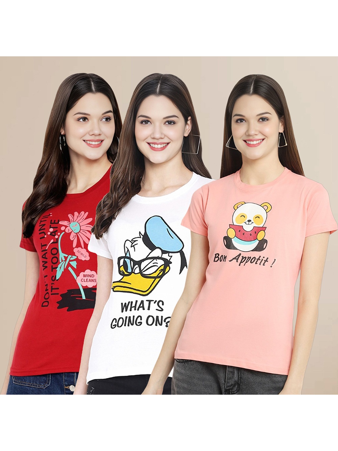 

Metronaut Women Pack Of 3 Typography Printed Round Neck Cotton Donald Duck T-shirts, White