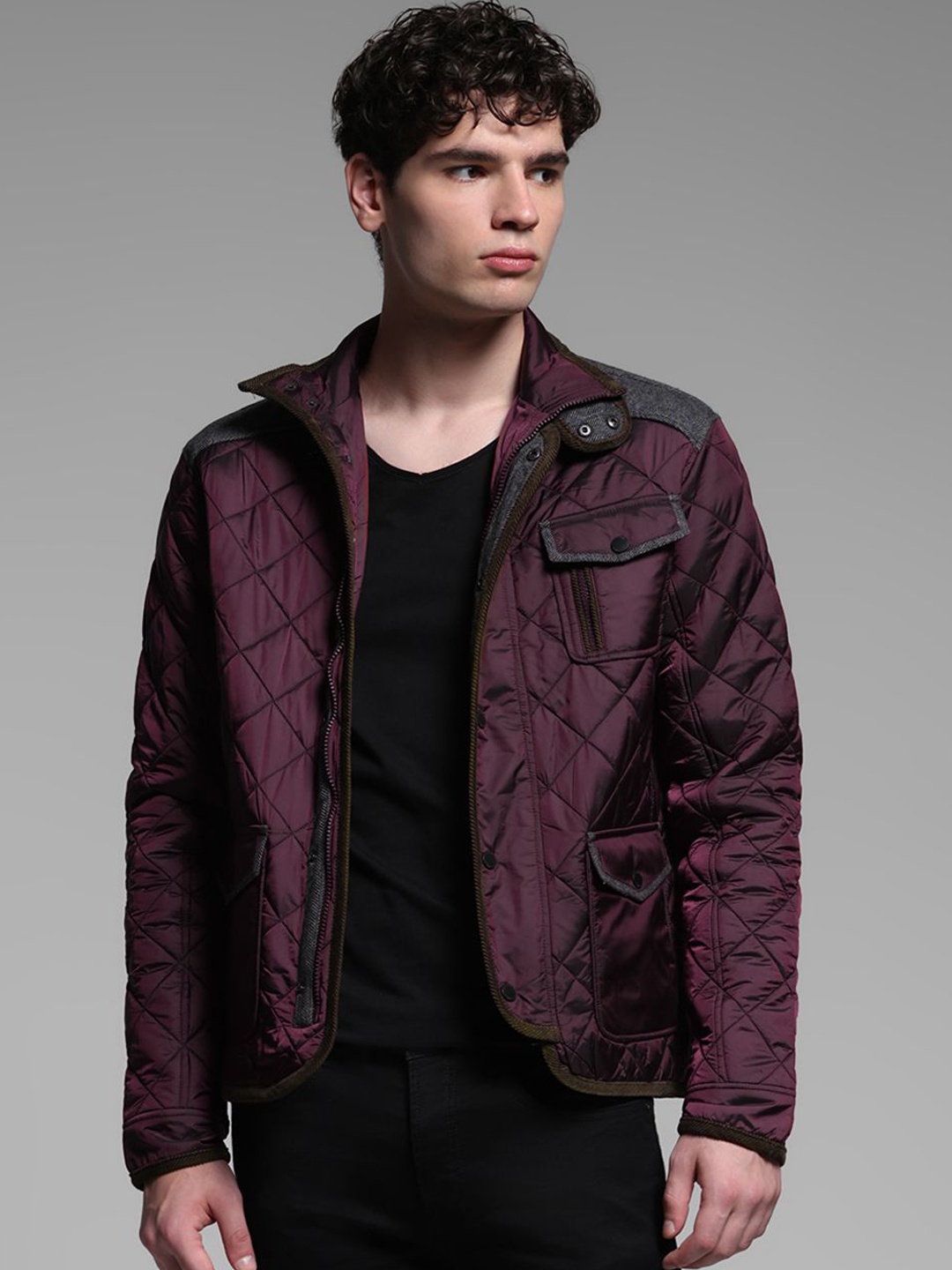 

Jack & Jones Men Mock Collar Solid Casual Quilted Jacket, Maroon
