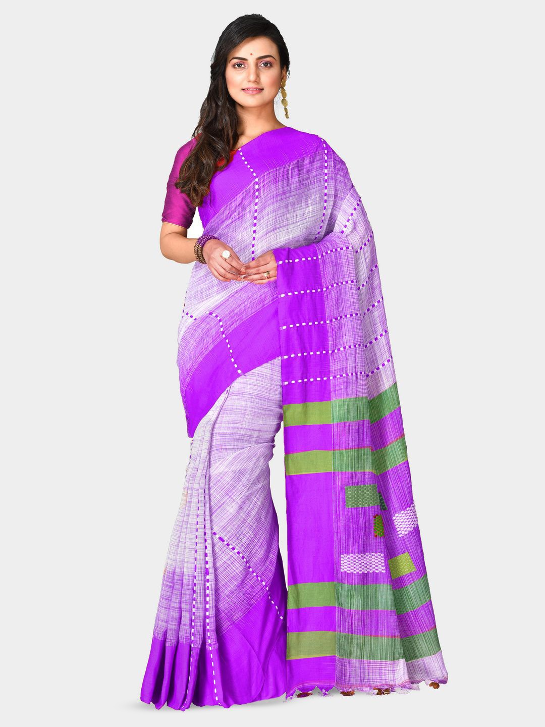 

Crochetin Striped Pure Cotton Saree, White