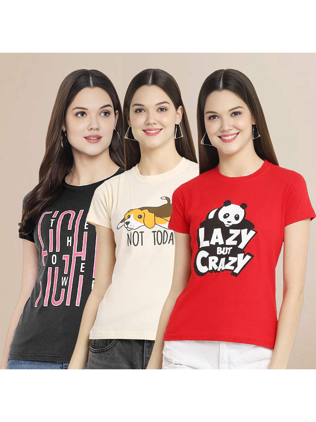 

Metronaut Women Pack Of 3 Typography Printed Round Neck Cotton T-shirts, Black