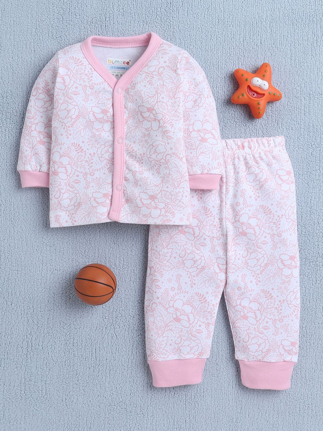 

BUMZEE Girls Pure Cotton Floral Printed Night suit, White