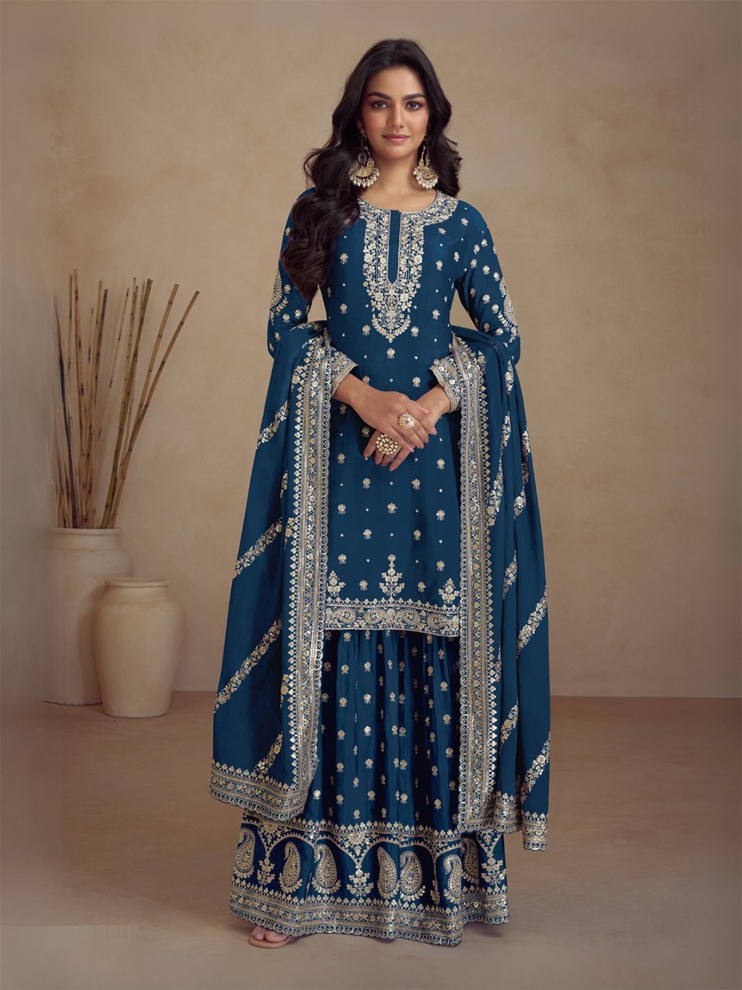 

ODETTE Floral Embroidered Thread Work Straight Kurta With Sharara & Dupatta, Blue