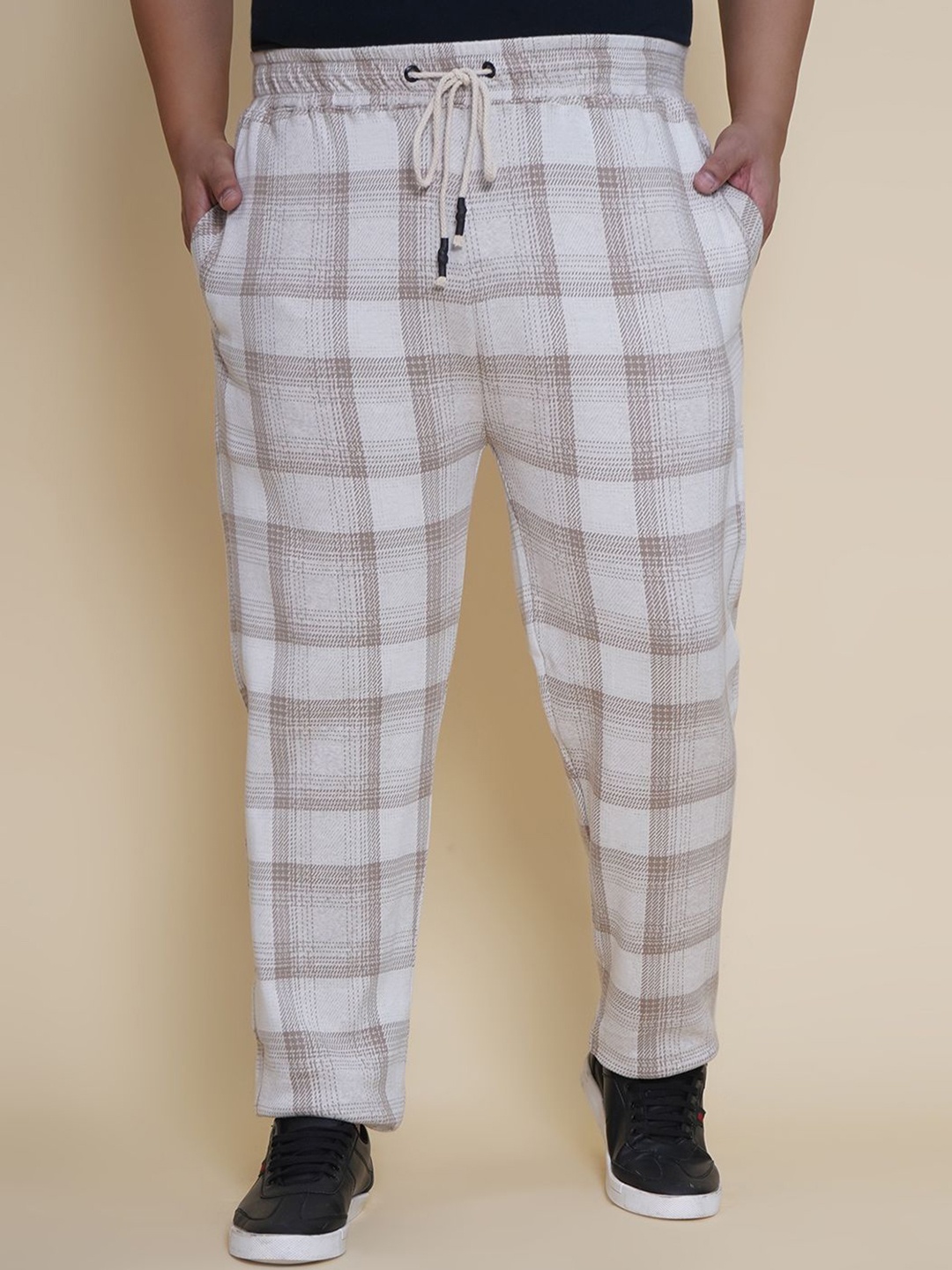 

John Pride Men Plus Size Checked Mid-Rise Track Pants, Beige