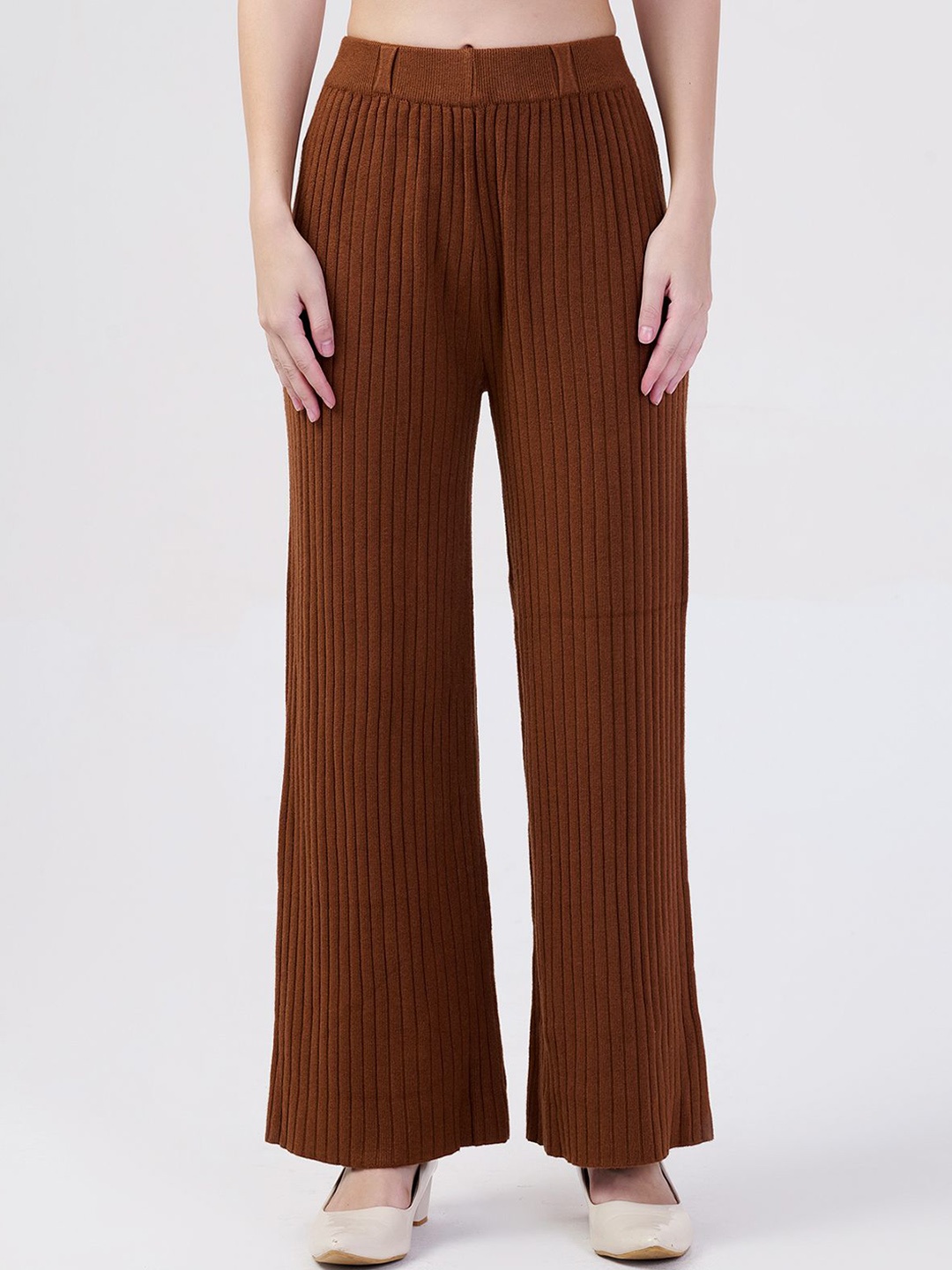 

Albion By CnM Women Striped Cotton Mid- Rise Flared Trousers, Rust