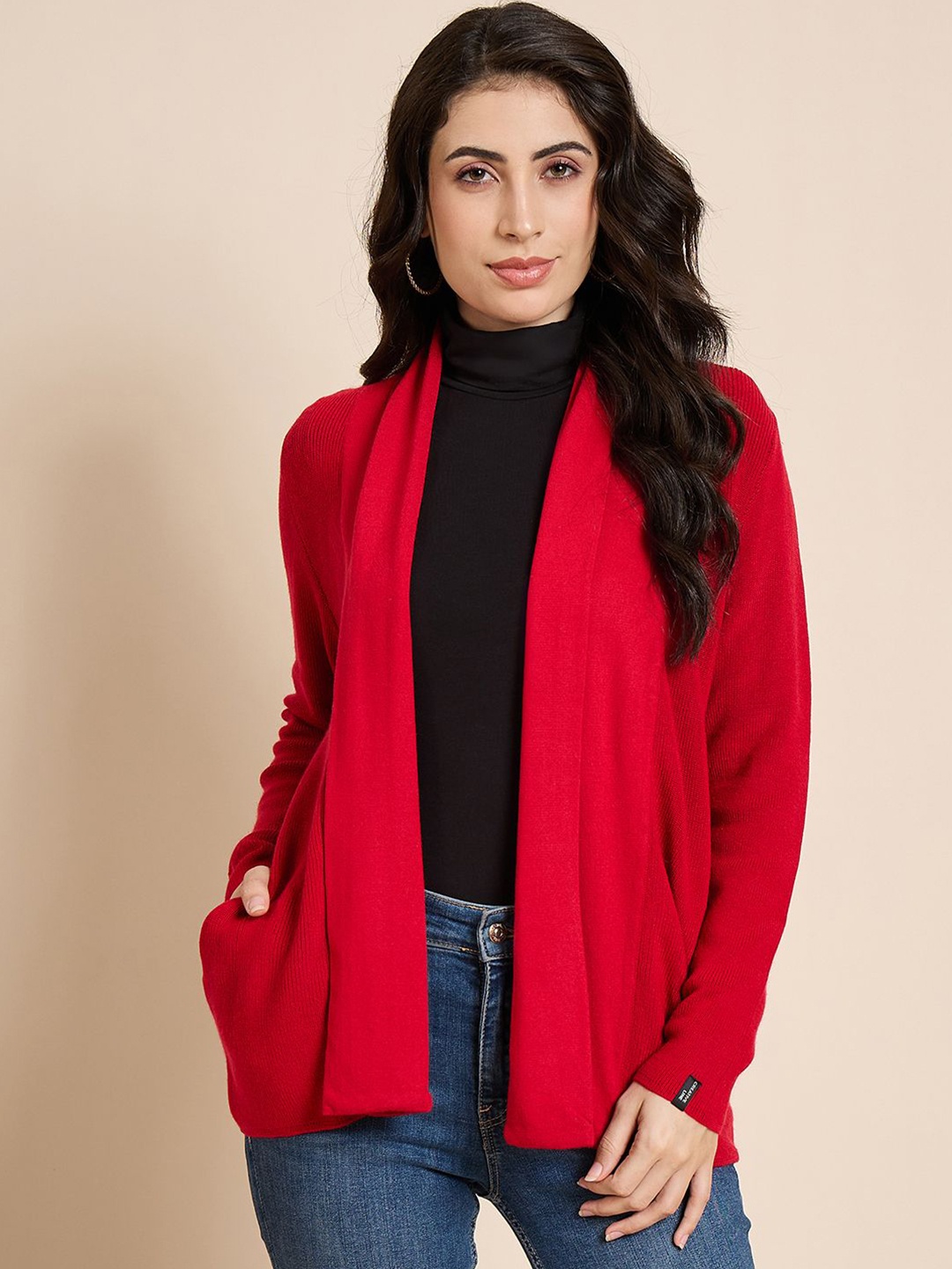 

CREATIVE LINE Self Design Woollen Open Front Shrug, Red