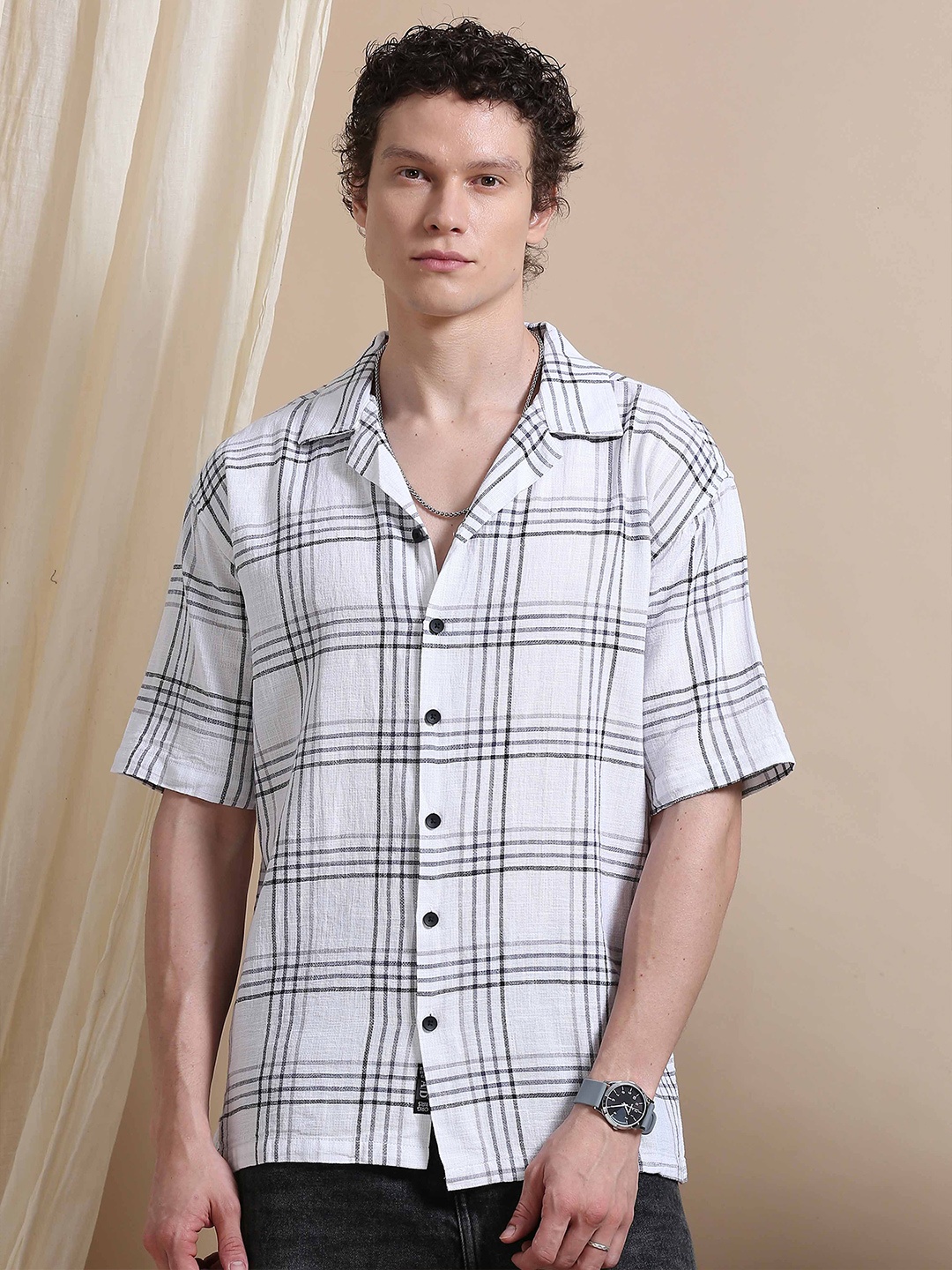 

HOUSE OF MAHNOTS Men Relaxed Cuban Collar Tartan Checked Linen Oversized Casual Shirt, Grey