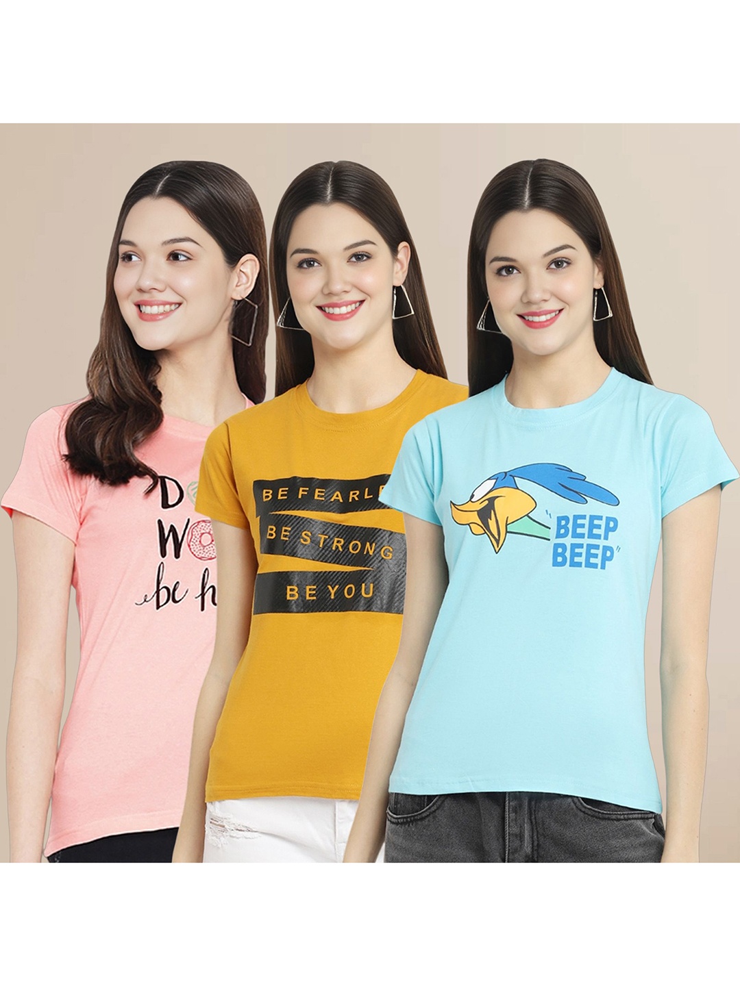 

Metronaut Women Pack Of 3 Typography Printed Round Neck Cotton Looney Tunes T-shirts, Peach